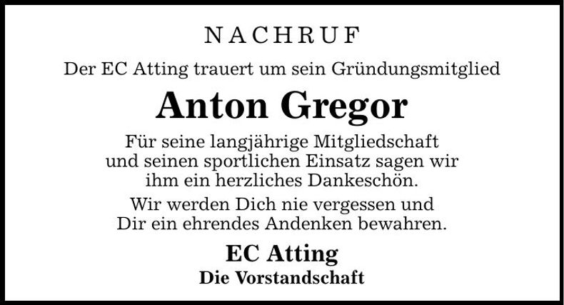 Traueranzeige Anton Gregor