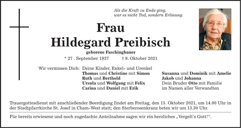 Traueranzeige Hildegard Preibisch