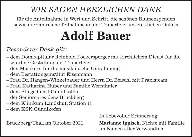 Traueranzeige Adolf Bauer
