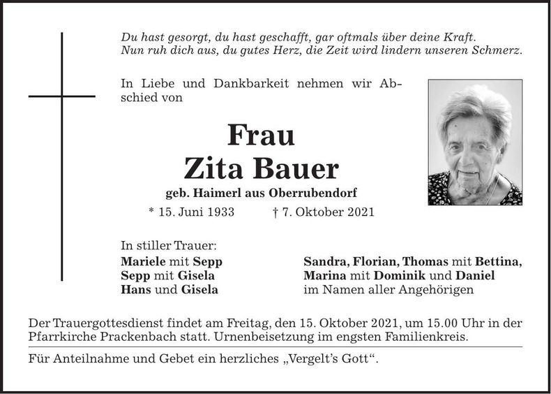 Traueranzeige Bauer Zita