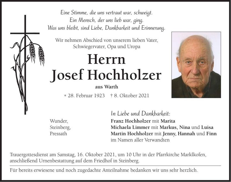 Traueranzeige Josef Hochholzer
