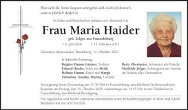 Traueranzeige Maria Haider