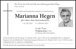 Traueranzeige Marianna Hegen