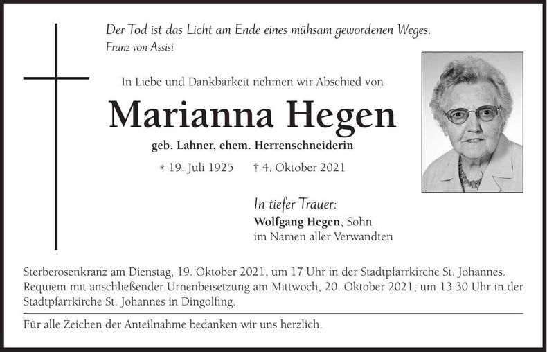 Traueranzeige Marianna Hegen