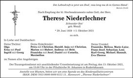Traueranzeige Therese Niederlechner