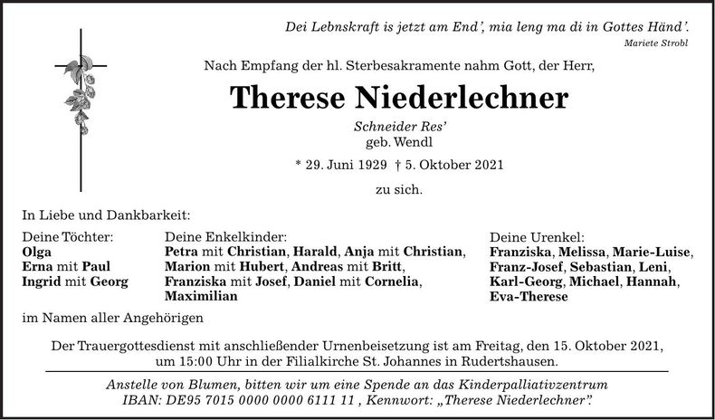 Traueranzeige Therese Niederlechner