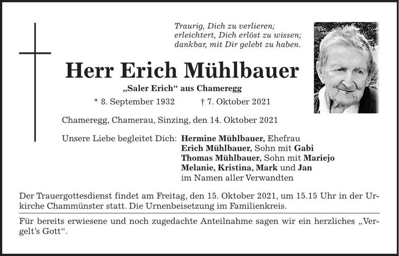 Traueranzeige Erich Mühlbauer