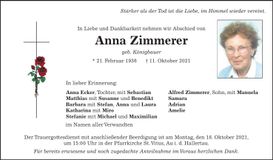 Traueranzeige Anna Zimmerer