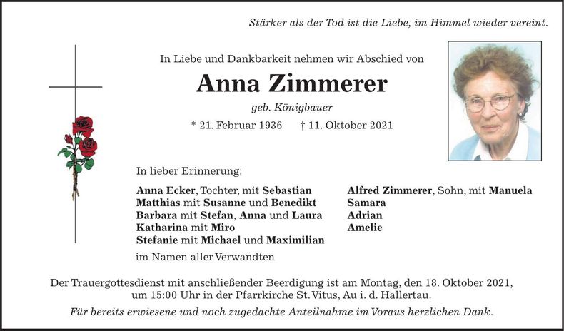 Traueranzeige Anna Zimmerer