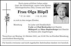 Traueranzeige Olga Höpfl