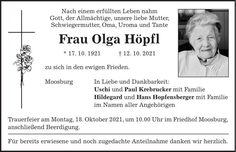 Traueranzeige Olga Höpfl