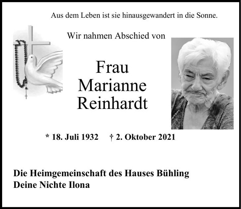 Traueranzeige Marianne Reinhardt