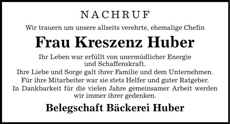 Traueranzeige Kreszenz Huber