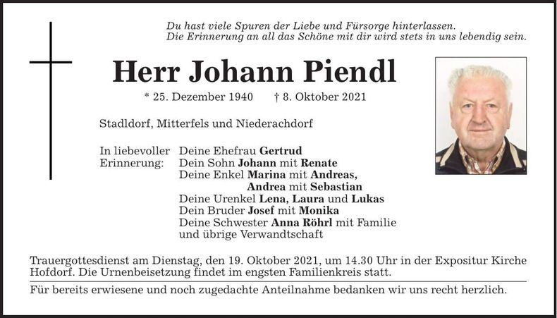 Traueranzeige Johann Piendl
