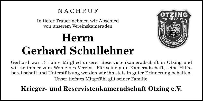Traueranzeige Gerhard Schullehner