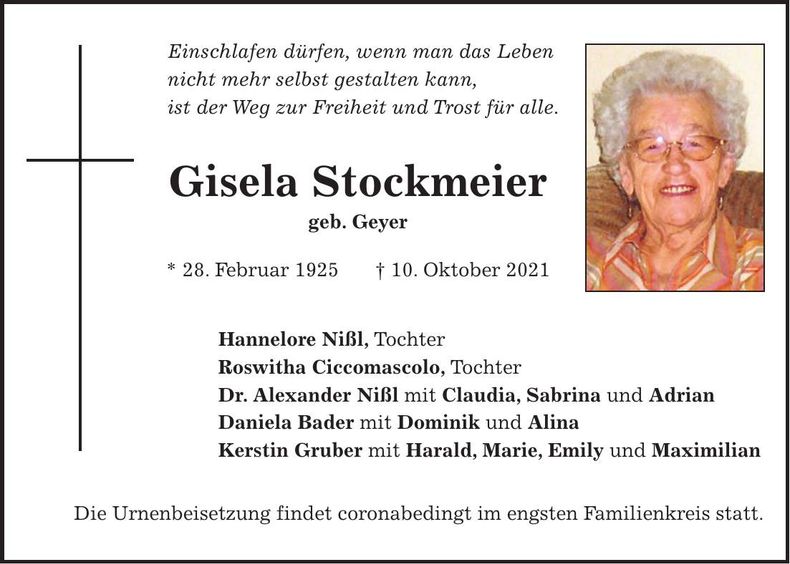 Traueranzeige Gisela Stockmeier