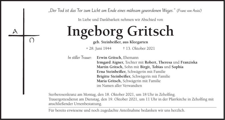 Traueranzeige Ingeborg Gritsch