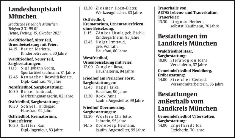 Traueranzeige Abendzeitung Bestattungskalender