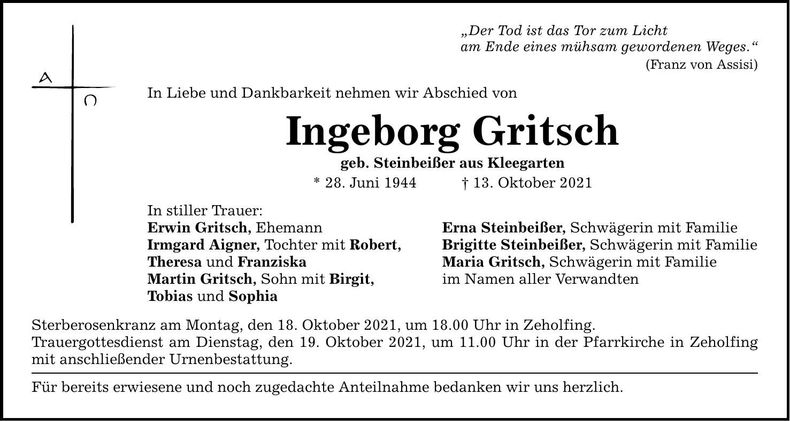 Traueranzeige Ingeborg Gritsch
