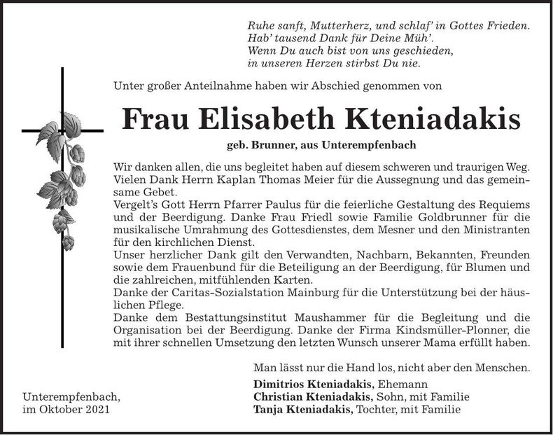 Traueranzeige Elisabeth Kteniadakis