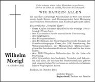 Traueranzeige Wilhelm Morigl