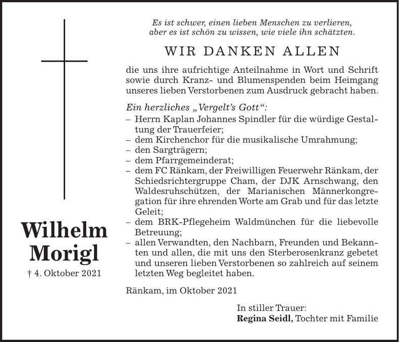 Traueranzeige Wilhelm Morigl