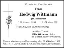 Traueranzeige Hedwig Wittmann