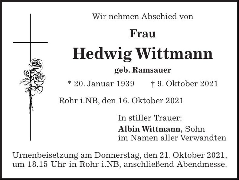 Traueranzeige Hedwig Wittmann