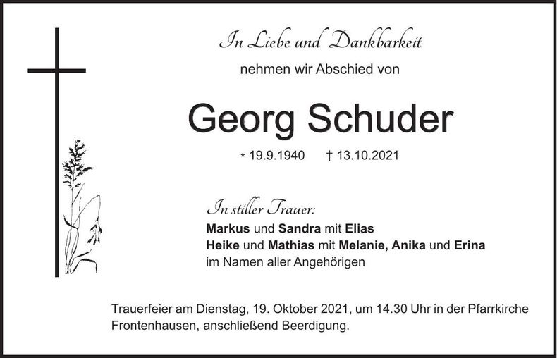 Traueranzeige Georg Schuder