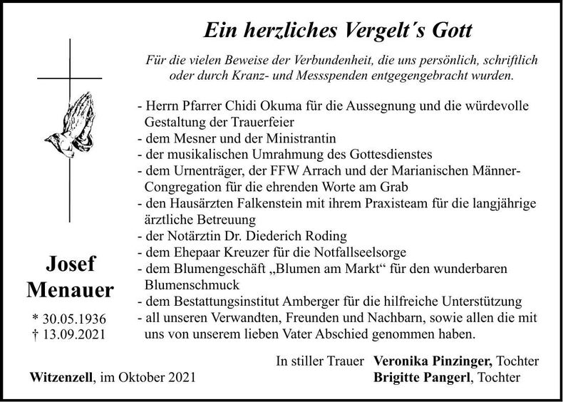 Traueranzeige Josef Menauer