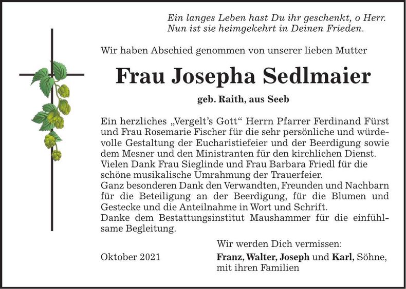 Traueranzeige Josepha Sedlmaier