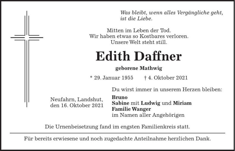 Traueranzeige Edith Daffner