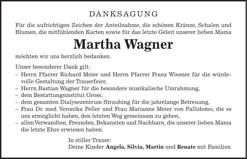 Traueranzeige Martha Wagner