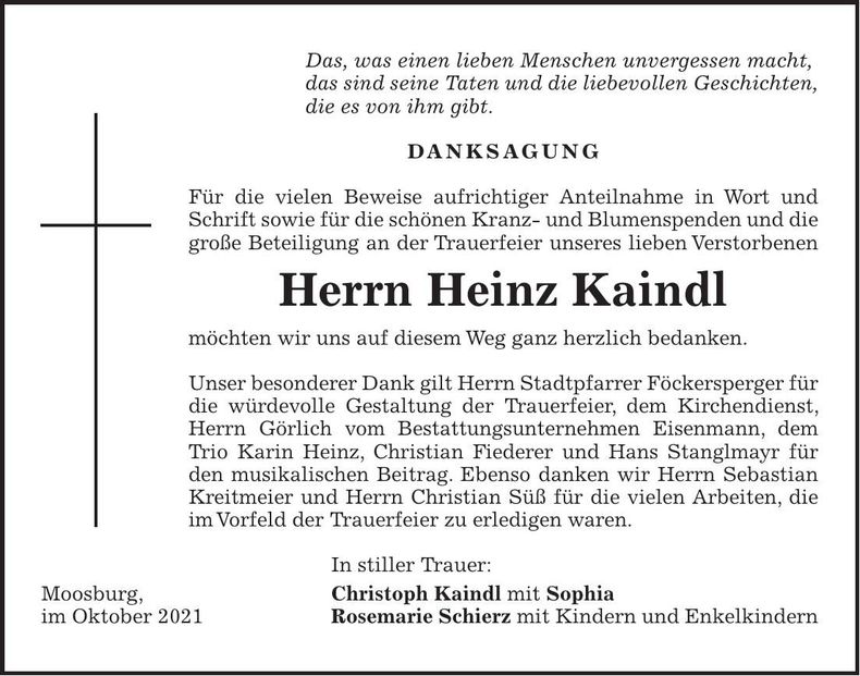Traueranzeige Heinz Kaindl