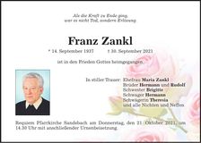 Traueranzeige Franz Zankl
