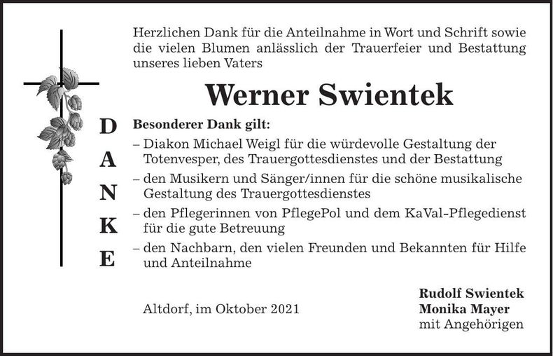 Traueranzeige Werner Swientek