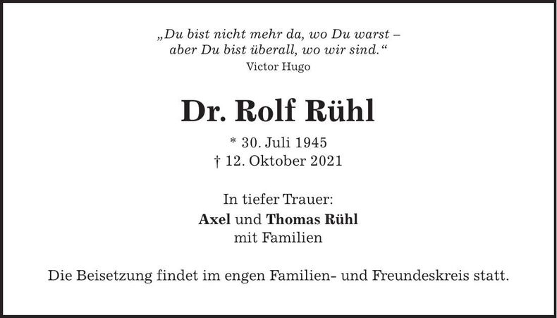 Traueranzeige Dr. Rolf Rühl