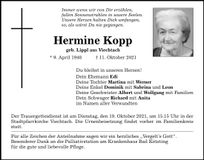 Traueranzeige Hermine Kopp