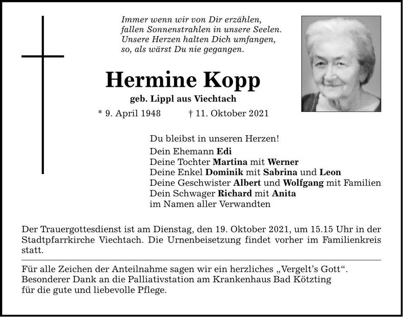Traueranzeige Hermine Kopp