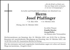 Traueranzeige Josef Pfaffinger