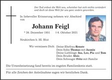 Traueranzeige Johann Feigl
