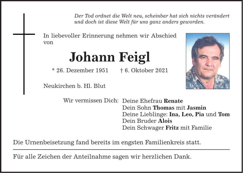 Traueranzeige Johann Feigl