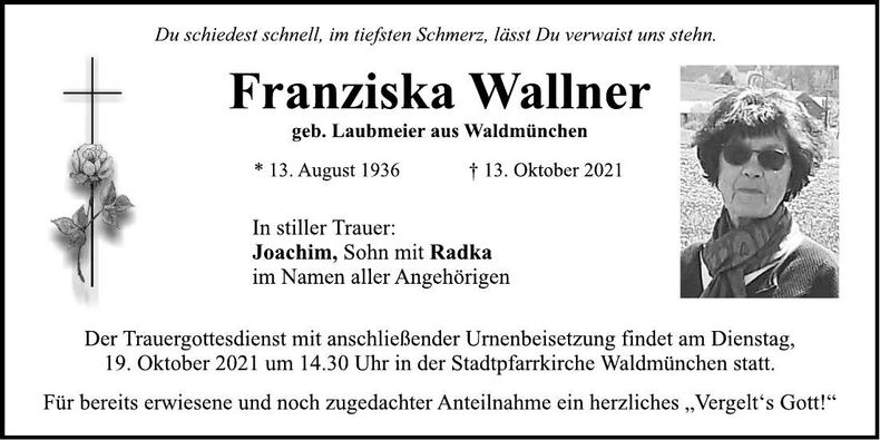 Traueranzeige Franziska Wallner
