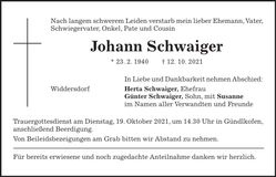 Traueranzeige Johann Schwaiger