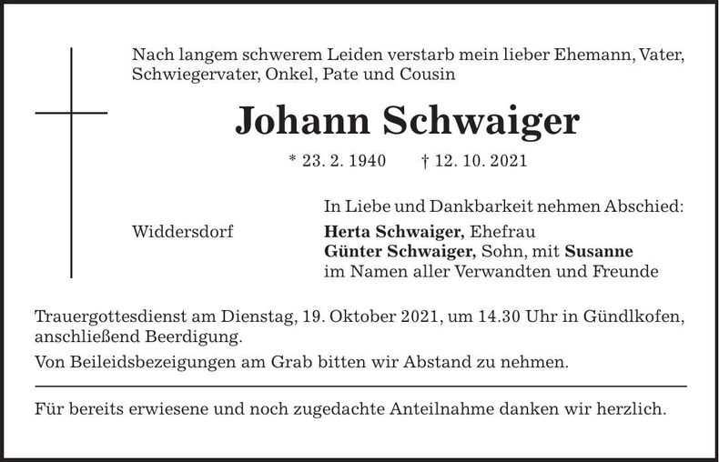 Traueranzeige Johann Schwaiger