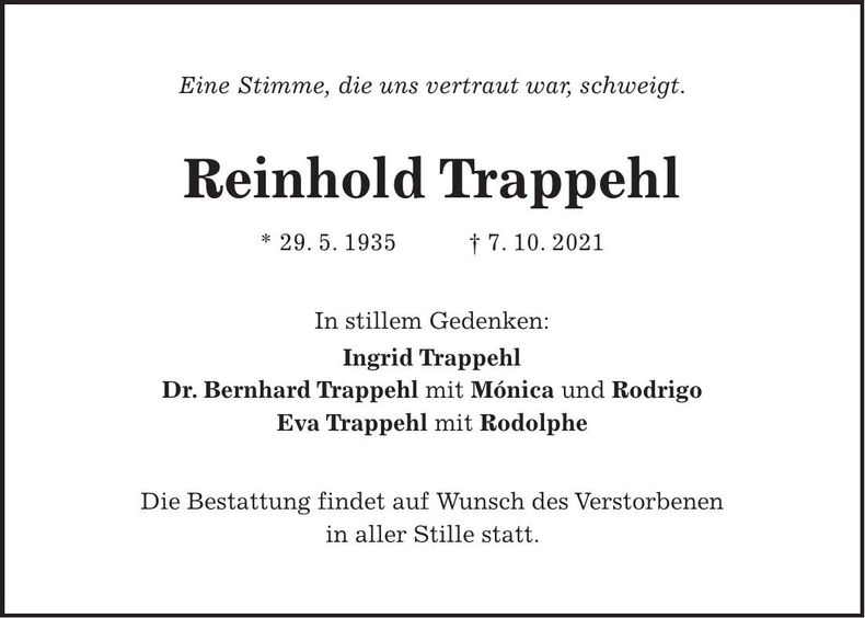 Traueranzeige Reinhold Trappehl