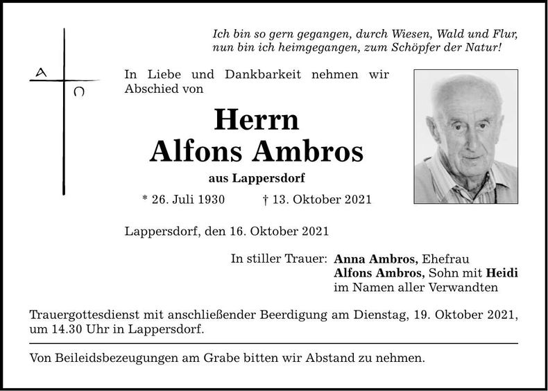 Traueranzeige Alfons Ambros