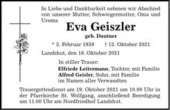Traueranzeige Eva Geiszler