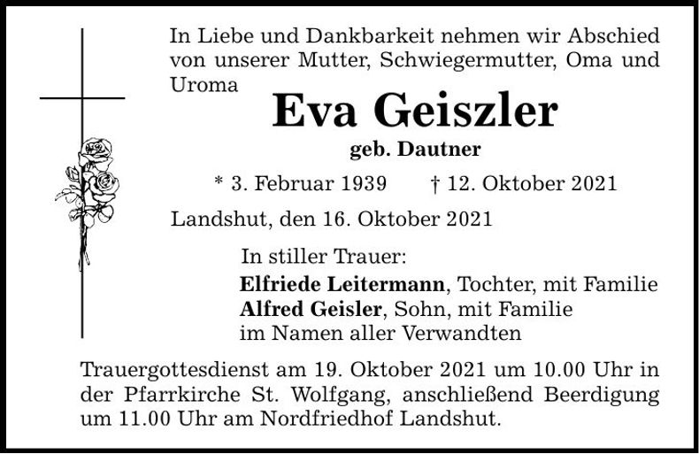 Traueranzeige Eva Geiszler