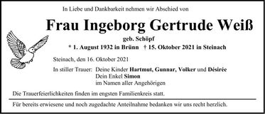 Traueranzeige Ingeborg Gertrude Weiß